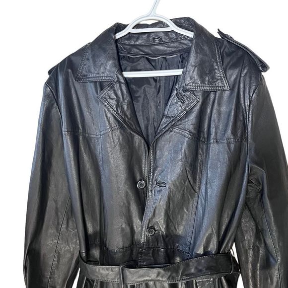 Long Leather Trench Coat Size 40 Which is Med to L Belted Single Breasted - Picture 3 of 10